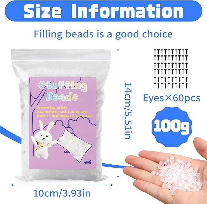FTEVEN 100g/3.52oz Stuffing Beads, Premium Plastic Weight Stuffed Beads, Poly Pellets Weighted Stuffing Bead with Black Eyes for Stuffed Animals, Bean Bags DIY Crafts