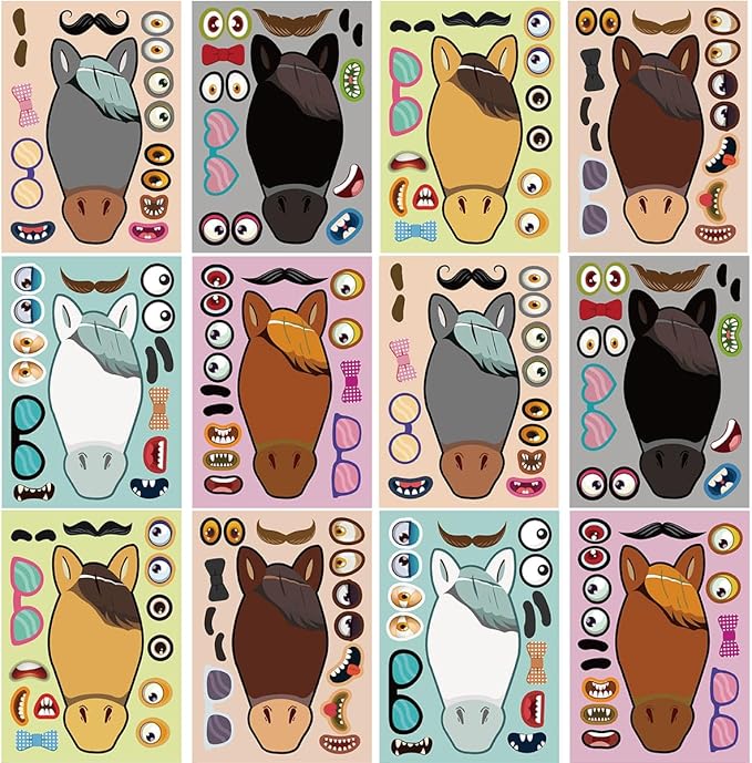 24 sheets 8.27''×5.9'' make your own horse stickers for kids toddlers, make a face stickers for kids party favors activities