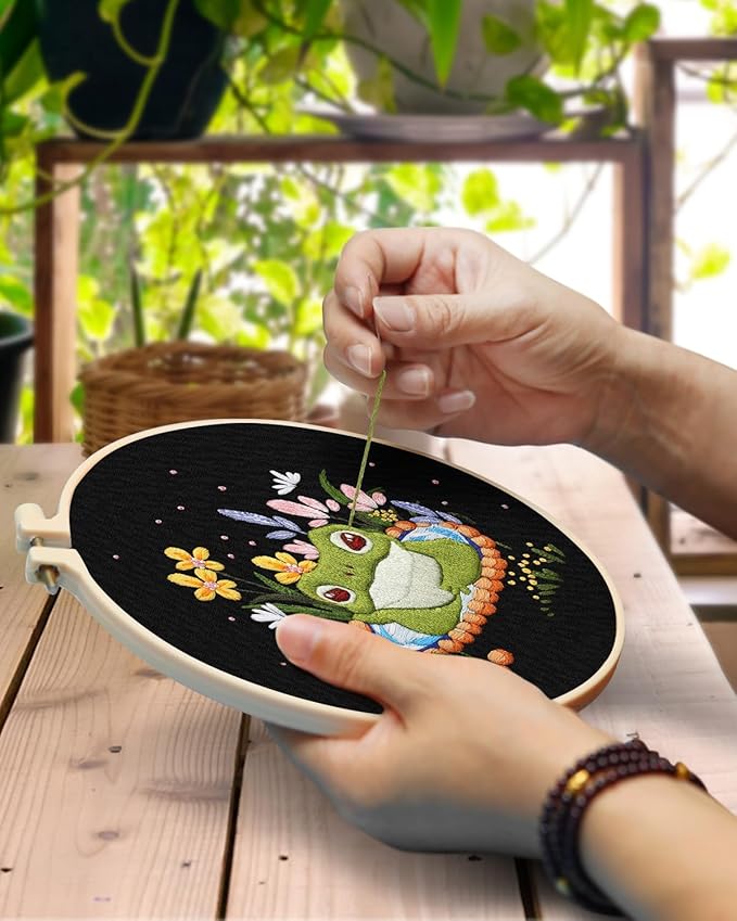 TINDTOP 2 Pack Embroidery Kit for Adult, Embroidery DIY Starter Kit, with Stamped Patterns, Hoop, Tools, Colorful Threads with Needles, Instructions (Frog)