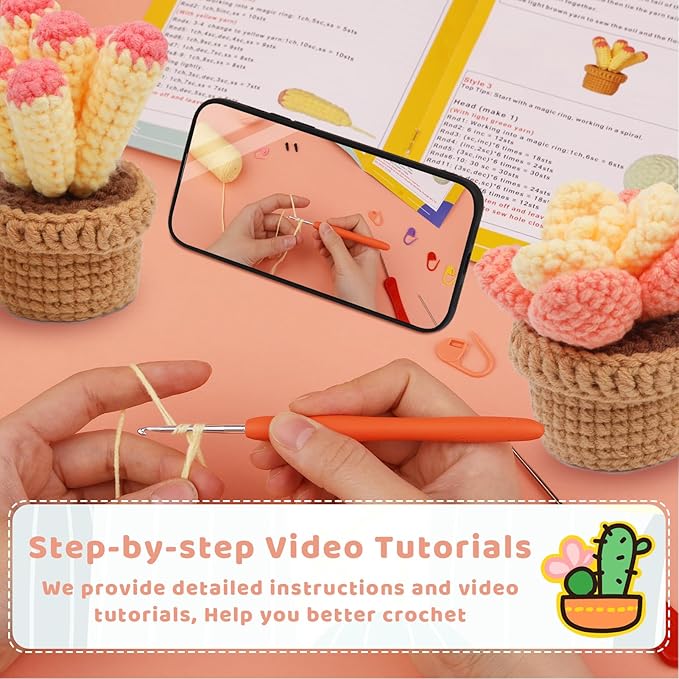Dasonwin Crochet Kit for Beginners,Crochet Cactus kit with Step-by-Step Video Tutorials,Crochet Gift for Adults