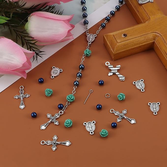 610Pcs Rosary Jewelry Making Kit, Rosary Pearl Beads Carved Rose Beads Rosary Cross Centerpiece Crucifix Medal, Rosary Prayer Making Supplies First Communion Necklace Bracelet Jewelry Making (Blue)