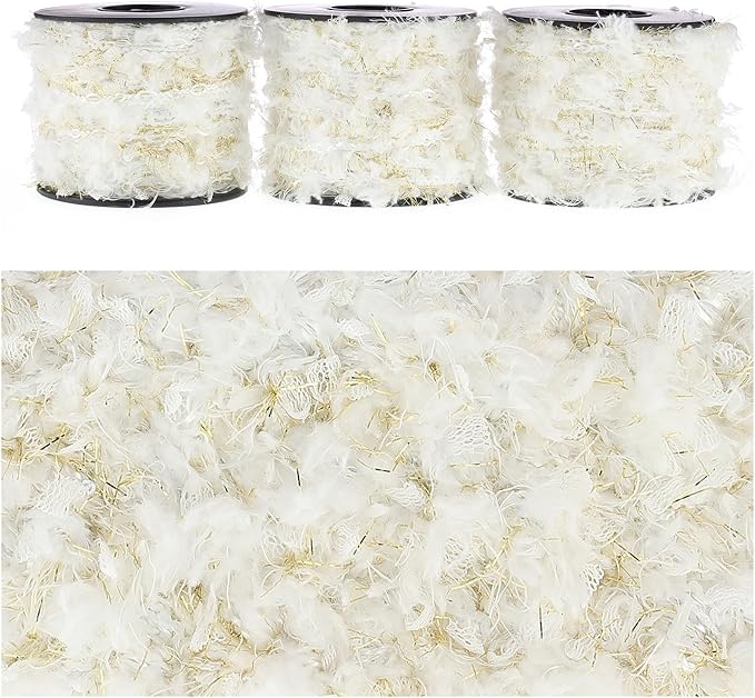 Artisanal Yarn Collection Multifiber Fancy Yarn for Knitting Crocheting Crafts DIY, Set of 3 Rolls (White & Gold)