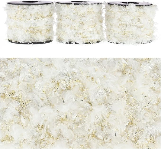 Artisanal Yarn Collection Multifiber Fancy Yarn for Knitting Crocheting Crafts DIY, Set of 3 Rolls (White & Gold)