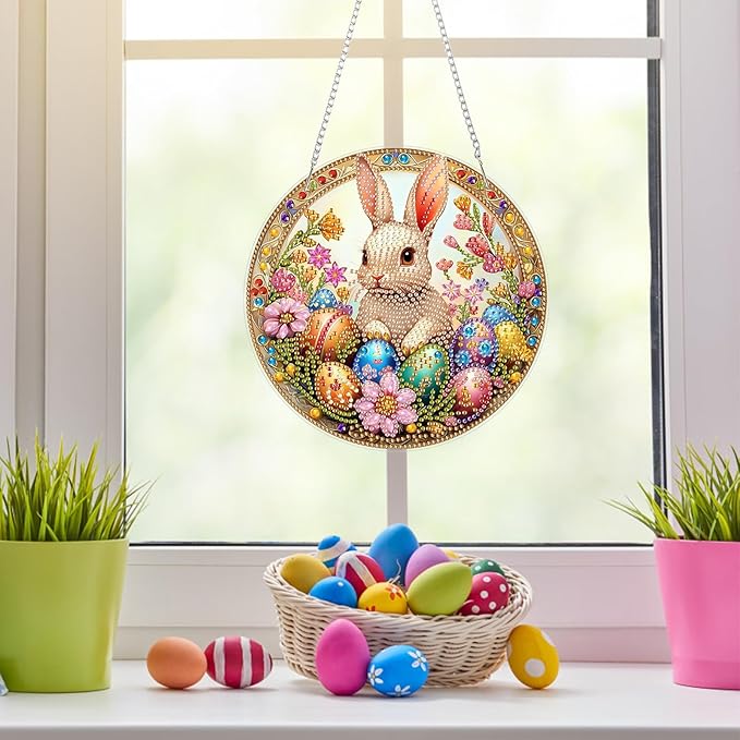 NAIMOER Easter Rabbit Egg Diamond Art Hanging Kits for Adults, 5D Special Shaped Rhinestone, DIY Spring Diamond Art Painting Window Pendants Home Garden Wall Hanging Ornament Kits, Double Sided