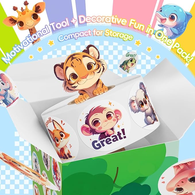 jixzen 1.5 inch animal stickers for kids, 3 rolls 1500 pcs cute stickers for toddlers 2-4 years, 24 designs farm/ocean/wild motivational sticker for potty training rewards, classroom teacher supplies