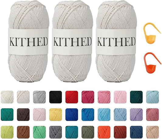 Cotton Chainette Yarn,4 Medium (Worsted)-10oz,3 Pack,Knitting Yarn for Beginners,Thicker for Crocheting and Knitting (02 Beige)