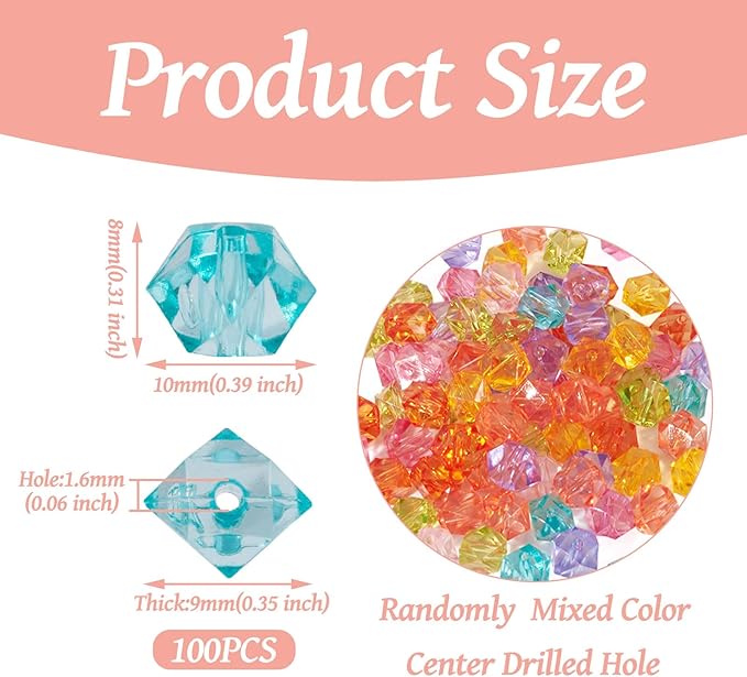 FASHEWELRY 100pcs Clear Acrylic Polygon Beads Colorful Faceted Polygon Loose Spacer Charms Bulk for Bracelet Necklace Earring Jewelry Making