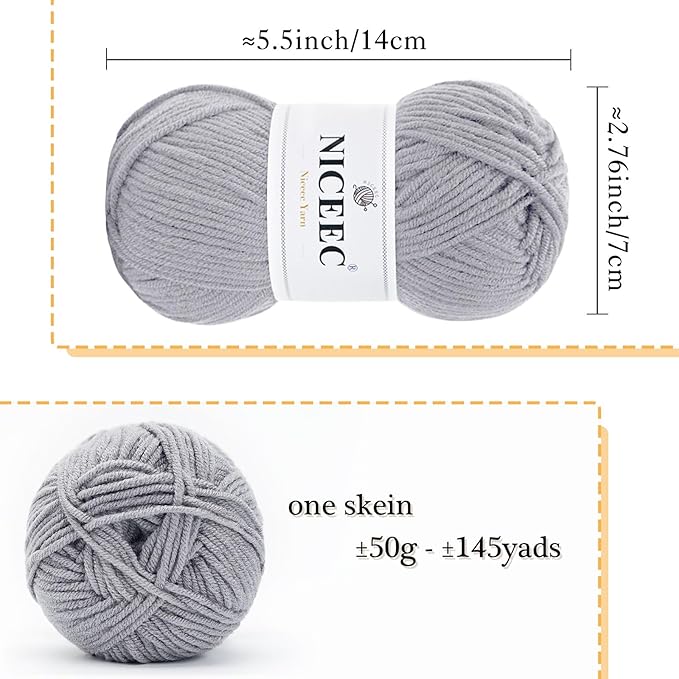 NICEEC 300g Soft Assorted Colors Yarn - Sport Weight,100% Acrylic, 4 Ply, Bonbons Yarn for Crochet & Knit, DIY Project Starter Kit for Kids or Adults(Total 870yds) - Light Gray