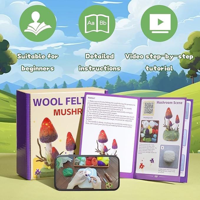Yizzvb Mushroom Needle Felting Kit, Felt Kits for Beginners Adult, Wool Felting Kit with Felting Pad, Felting Needles and Instruction for DIY Lovers DIY Craft Home Decoration Party Supplies