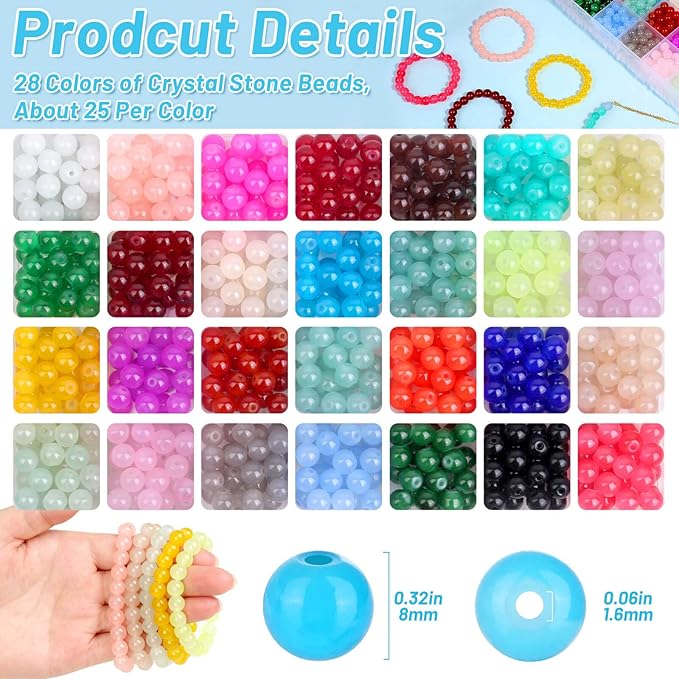 shynek 700 Pieces Glass Beads for Jewelry Making, 28 Colors 8mm Crystal Beads for Bracelets and DIY Crafts