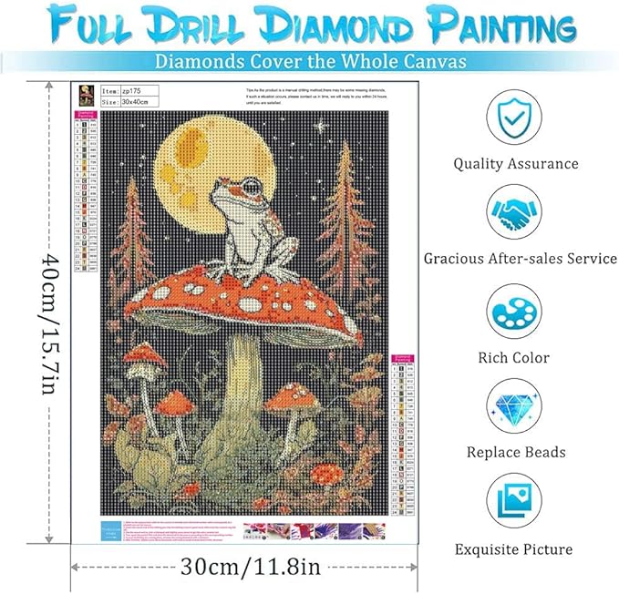 YPF Mushroom Diaomnd Painting Kits for Adults DIY 5D Round Full Drill Diamond Art Diamond Painting Very Suitable for Home Leisure and Wall Decoration Frog Night Moon 12x16