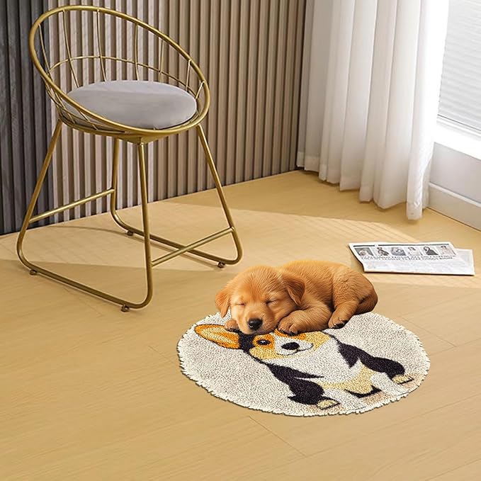 Latch Hook Rug Kit Cute Corgi Dog Stamped Handmade Round Shape Carpet Crochet Yarn Craft DIY Hook and Latch Door Mat Tapestry for Home Floor Decor 50x50cm(4)