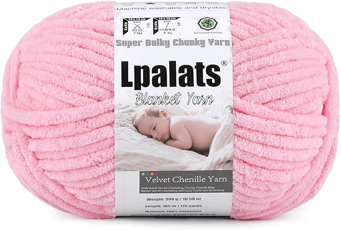 Baby Blanket Yarn for Crocheting - 1 Pack of 300g/10.6oz Super Fluffy Chunky Chenille Yarn for Hand Knitting, 115 yds Super Bulky Plush Yarn for Cozy Blankets and Amigurumi (1, Pale Pink)
