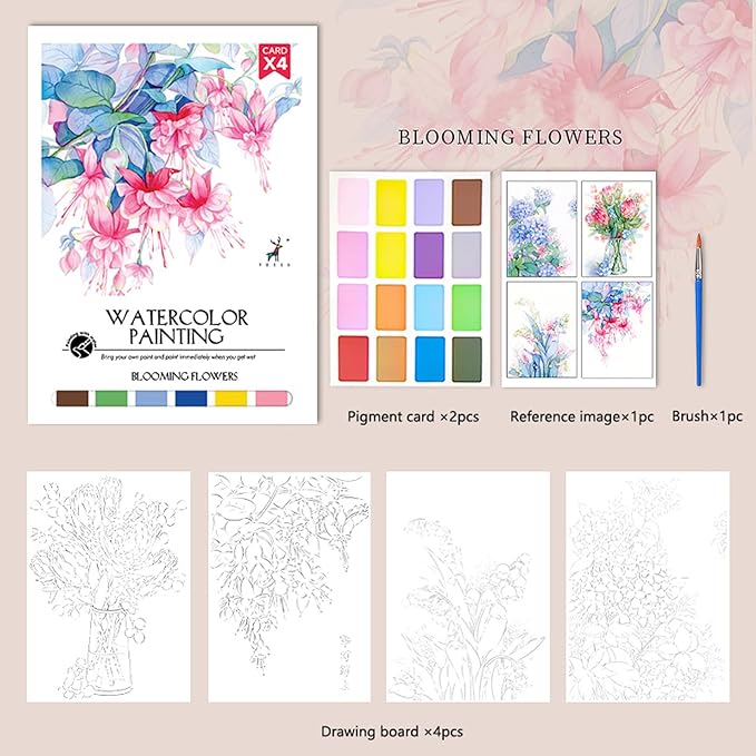 11.5" x 8.5" Watercolor Workbook for Adults, Easy Nature Scenes Paint Coloring Book Paint, Water Coloring Book with 4 Floral Drawings 2 Pigment Card and 1 Brush (Flower Cluster)