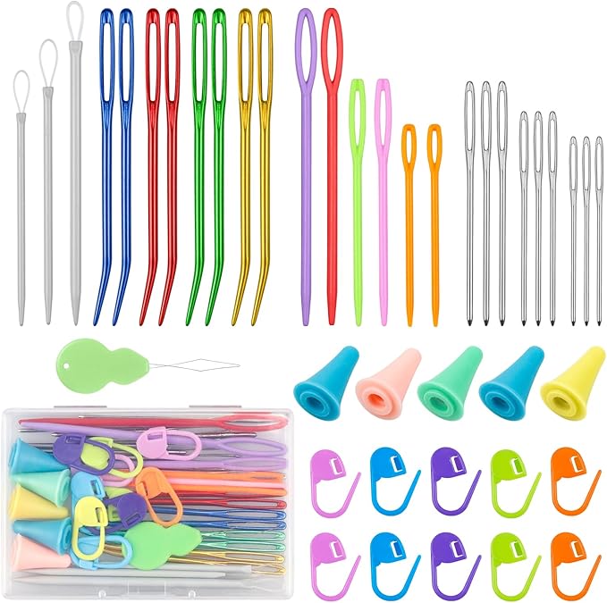 FIVEIZERO 43 Pcs Yarn Needles Set, Assorted Yarn Needles Bent Tapestry Needle Weaving Needle Darning Needles Big Eye Blunt Knitting Needles with Stitch Markers for Knitting Crochet Kit