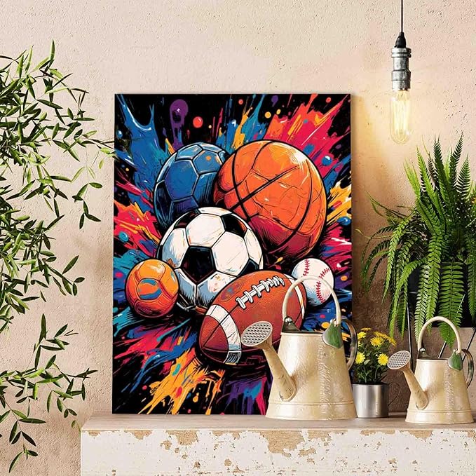 Sports Ball Paint by Numbers Kit for Adults Beginners on Canvas,Football,Basketball,Soccer,Baseball DIY Oil Painting Crafts Acrylic Paintwork for Home Wall Decor Gifts 16X20 Inch(Frameless)