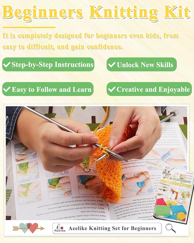 Aeelike Knitting Kit for Beginners, Complete Beginner Knitting Kit Easy Knitting Set Including Knitting Needles Set Cotton Yarn, Learn to Knit Dishcloth with Step-by-Step Instructions, Colorful