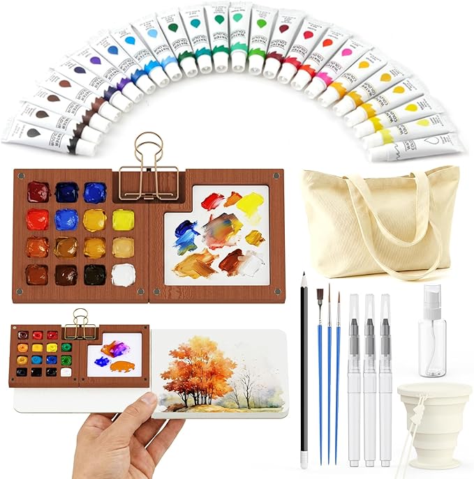 Mini Watercolor Paint Set, Watercolor Travel Set, 24-Color Pocket Watercolor Set with 15 Grids Paint Palette, Watercolor Journal, Cup, Bag, Spray Bottle, Pencil & Water Brush, for Art Lovers