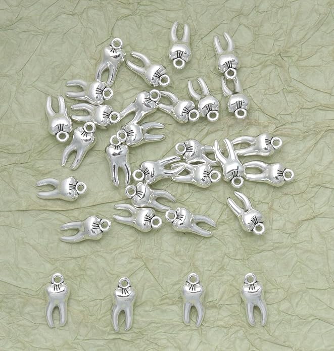 30 Pcs Teeth Charms 1.5 x 0.7 x 0.5 cm Metal Cute Small Tooth Pendants for Women DIY Jewelry Making Supplies Necklace Bracelets Findings Kit Bulk Decoration