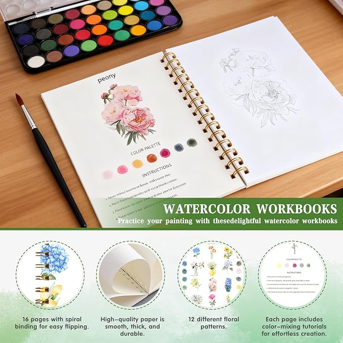 Watercolor Workbook，36 Colors Water Coloring Book Paint Set for Adults,12 Different Patterns of Original DIY Designs, Beginner-Friendly Watercolor Workbooks with Palette and Brush (Flower)