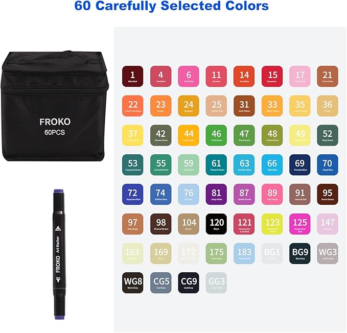 FROKO Alcohol Markers, 60 Colors Dual Tip Art Marker,Coloring Marker, markers for adult coloring books no bleeding