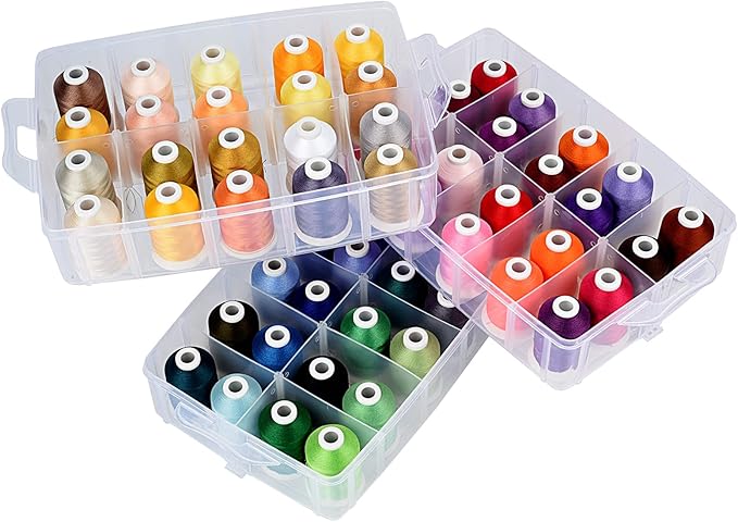 Simthread 63-Color Embroidery Thread Kit – 63 Spools 550 Yards Each, 40WT Polyester Thread with 3-Layer Stackable Box, Bobbins & Tools – Compatible with Brother, Janome, Babylock and More