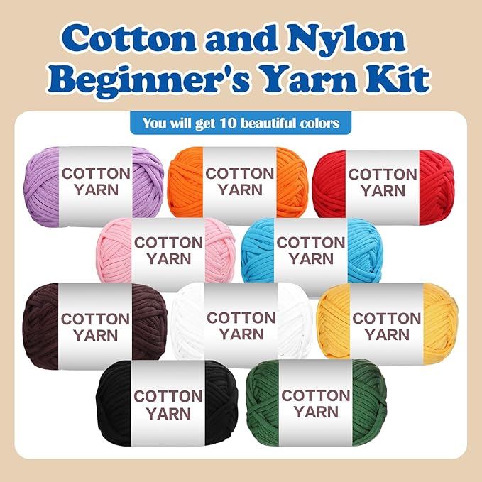 SIMEIQI 10×50g Beginners Yarn Kit for Crocheting and Knitting,Cotton Nylon Blend Yarn for Hand DIY Bag Basket Dolls and Cushion F