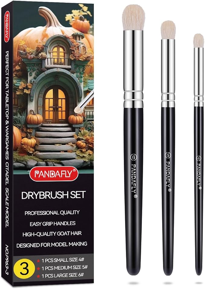 PANDAFLY Drybrush Set - 3 Sizes Hobby Detail Paint Brush Set, Acrylic Paint Brushes for Tabletop, Citadel, Scale Model, Watercolor Oil Painting