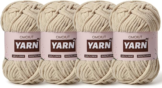 4 Packs Plush Chenille Chunky Crochet Yarn - Baby Yarn for Crocheting Soft - Velvet Yarns Knitting for Blankets Crafts - Fluffy Amigurumi Yarns 200g/262.5yds (4 Light Khaki)