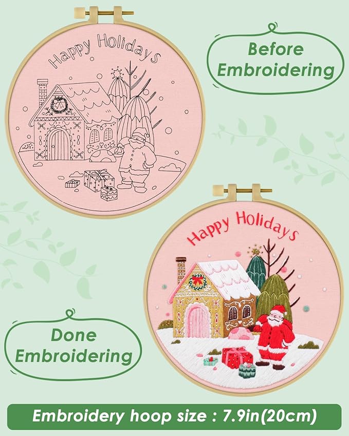 ERKOON Christmas Embroidery Kit for Beginners, Cross Stitch Set for Include Embroidery Cloth Hoops Threads for Craft Lover Hand Stitch with Embroidery Skill Techniques (Santa Claus)