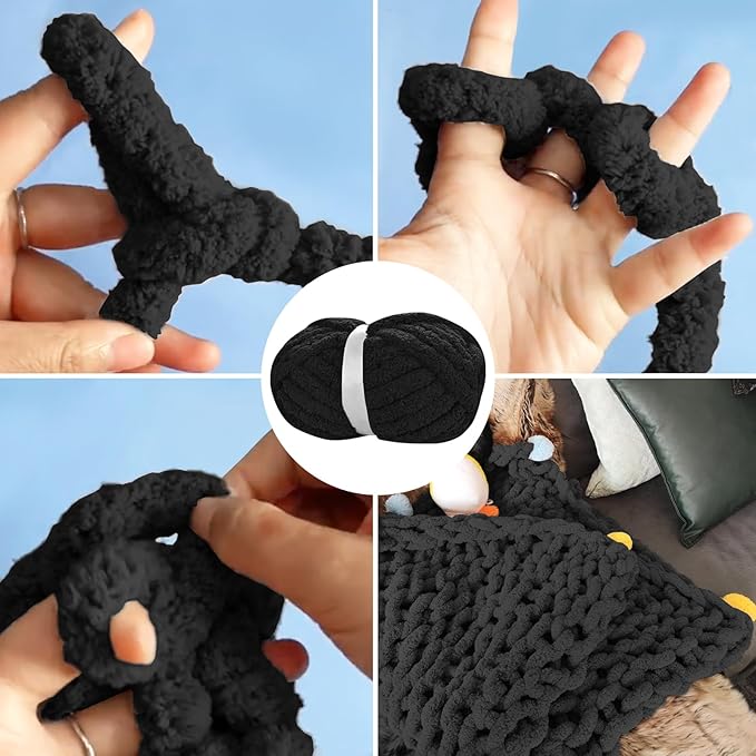 Chunky Chenille Yarn for Hand Knitting,Fluffy Soft Jumbo Yarn by Circular Needle & Crochet Hook,Super Bulky Big Yarn for Chunky Blanket,8 Pack,Black