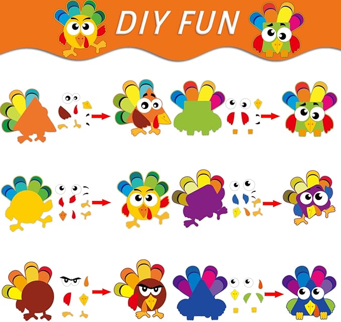 chiazllta 30Pcs Thanksgiving Craft Kits DIY Turkey Craft, Fall Art Craft Make Your Own Turkey Card Sticker Set for Home Game Activities