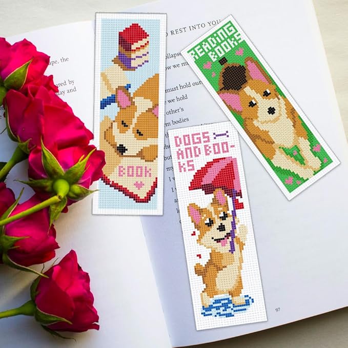 ORIGACH 6 Set Cute Dog & Book Cross Stitch Bookmark Kit for Beginner with Backing Felt Floss Instructions DIY Stamped Embroidery Bookmark Kit for Adults, Book Lovers