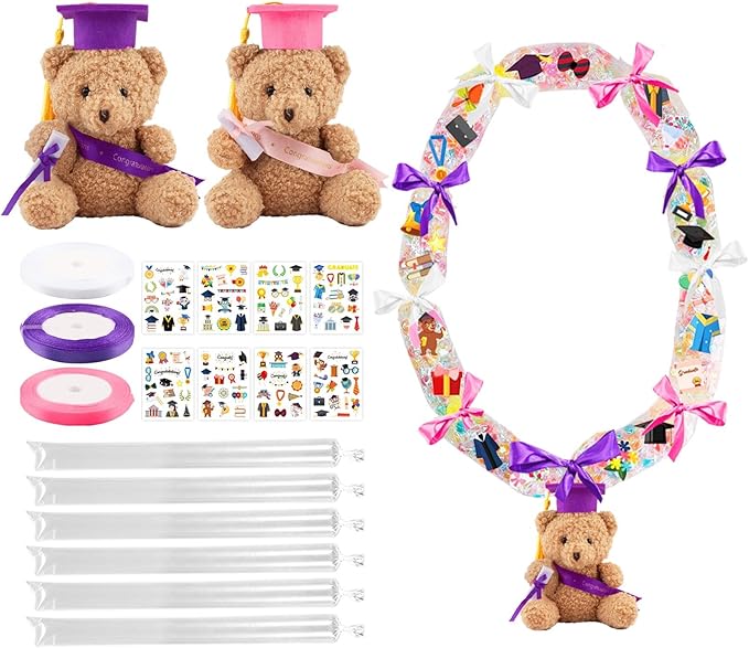 Candy Leis for Graduation 2026, Making Kit Supplies Tubing Grad Leis for Graduation Candy Necklace with 3 Color Ribbons Handmade Decoration Kit, Grad Party Gift for Graduates(White, Pink, Purple)