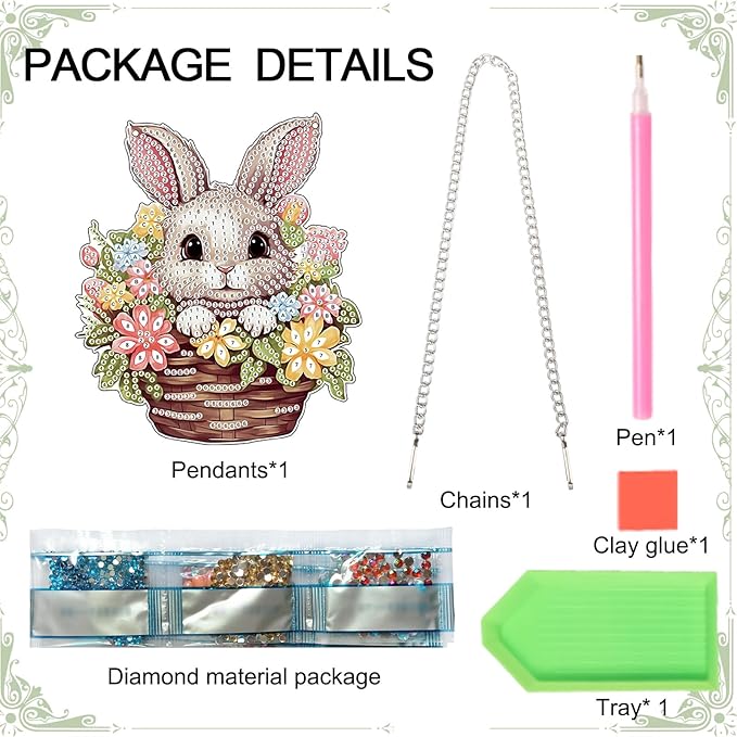 AiYuanzsh Rabbit Flower Basket Diamond Painting Hanging Kit, 5D DIY Acrylic Special Shaped Diamond Art Pendant Ornament with Chain for Wall, Door, or Garden Decor, Easter Diamond Art Kit for Adults