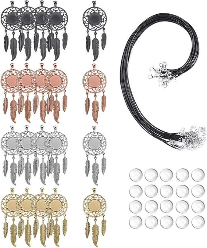 LANBEIDE 60Pieces Cabochons Jewelry Making Kits-20Pcs Dreamcatcher Bezel Pendant Trays with 20Pcs Glass Cabochons 14mm and 20Pcs Black Waxed Necklace Cords for Photo Pendant Jewelry Making