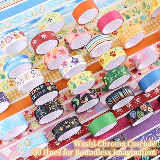 30 Rolls Colorful Theme Washi Tape Set with Different Colorful Patterns, Writable Decorative Tapes for Scrapbooking, Junk Journal Supplies, Bullet Journaling, 0.6'' x 79'' per Roll