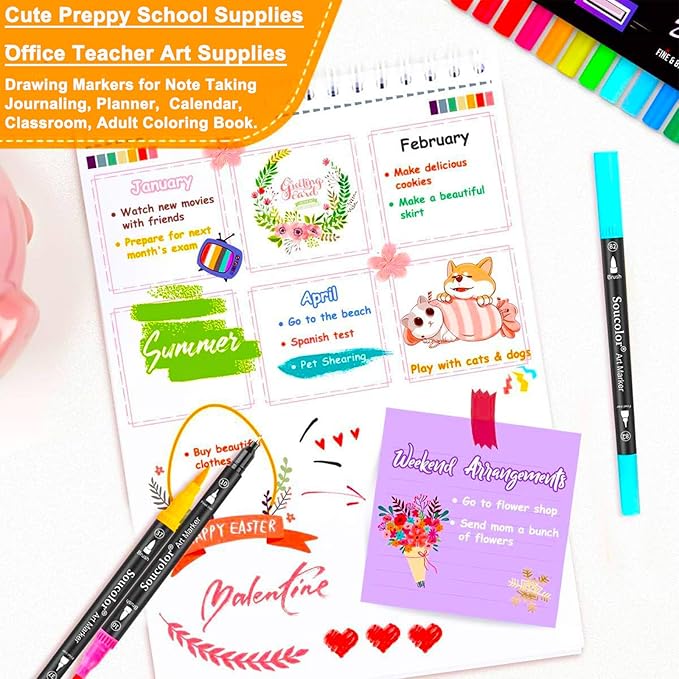 Soucolor Art Brush Markers Pens for Adult Coloring Books, 36 Colors Numbered Dual Tip (Brush and Fine Point) Marker Pen for Note taking Planner Hand Lettering Calligraphy Drawing Journaling