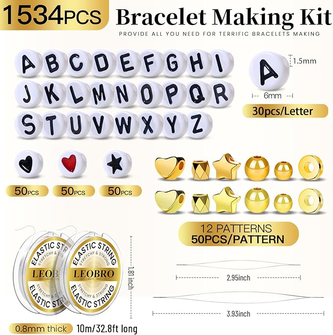 LEOBRO Letter Beads Bracelet Making Kit, Alphabet Beads for Bracelets, with Gold Bead and Elastic Bracelet Strings