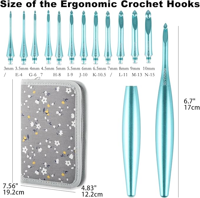 Svartur Interchangeable Crochet Hook Set with 12 Hooks – Ergonomic Crochet Hooks Large Handle, US Sizes E-4 to N-15 (3mm–10mm), Smooth & Lightweight, Crochet Kit with Storage Case, Blue