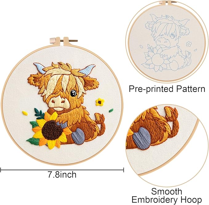 Nuberlic Highland Cow Embroidery Kit 3 Pack Embroidery Kits for Adults Beginners Starter Cross Stitch Kit Set with Floral Designs - Perfect DIY Gift