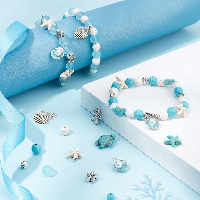 SUNNYCLUE 1 Box DIY 6Pcs Summer Ocean Theme 8mm Turquoise Beads Bracelets Shell Charms Bracelet Making Kit Turtle Spacers for Jewelry Making Alloy Starfish Sandal Beads Necklace Anklets Craft Supplies