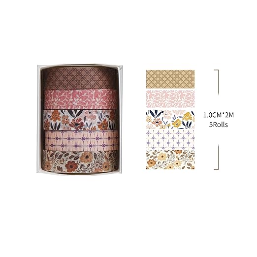 Fantasy Washi Tape Set - 5 Rolls Texture Arts Adhesive Tapes Basic Patterns Decorative Masking Tape Sets for Craft, Kids, Scrapbook, DIY, Gift Wrapping (8-Autumn Floral)