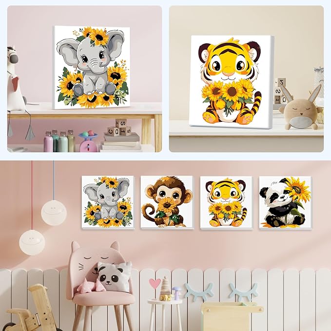 4 Pack Paint by Number for Kids with Wooden Frame, Cartoon Paint by Numbers for Kids Ages 8-12, Elephant, Monkey, Tiger, Panda, DIY Acrylic Oil Painting for Beginners for Home Wall Decor 8X8 inch
