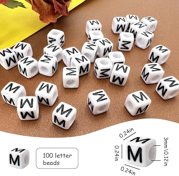MIIIM 100pcs Pony Beads Letter M for Keychains Making, 6x6mm Large Hole Square Letter Beads for Bracelets Making, Alphabets, Numbers (White and Black)