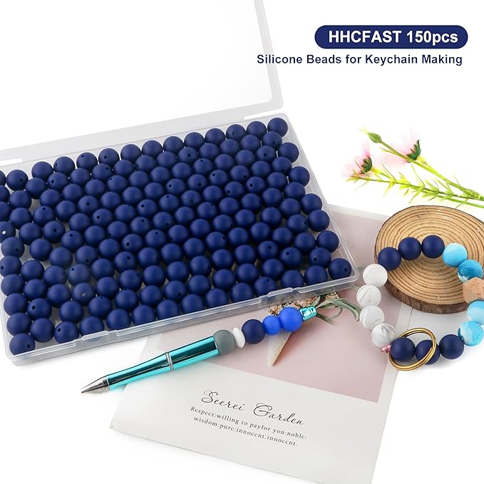 150Pcs 15mm Silicone Beads for Keychain Making Bracelet Necklace, Bulk Round Silicone Beads for Pens(Navy Blue)