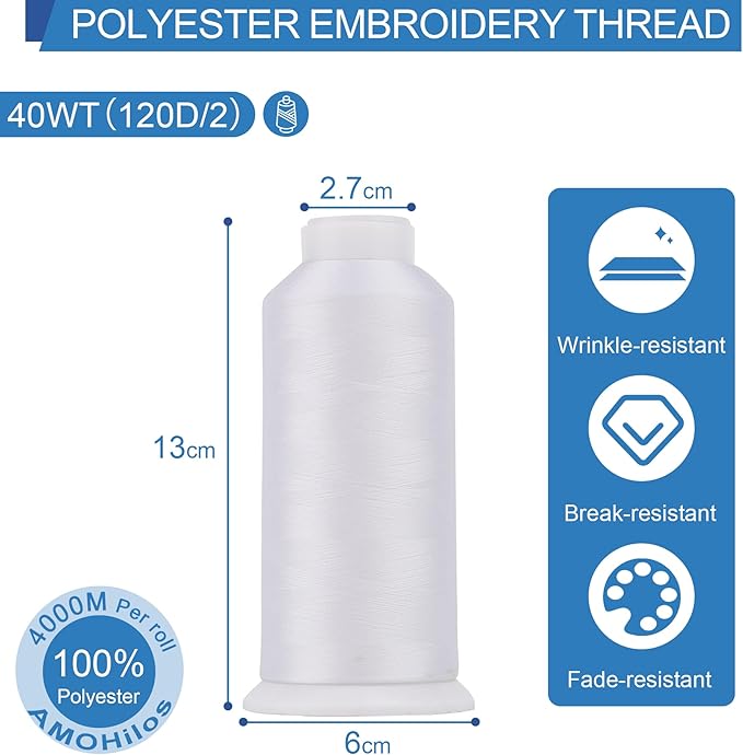 High Tenacity Polyester Embroidery Machine Thread 40WT(120D/2) 4000M Per Spool for Commercial and Domestic Embroidery Machine (Snow White-1802)