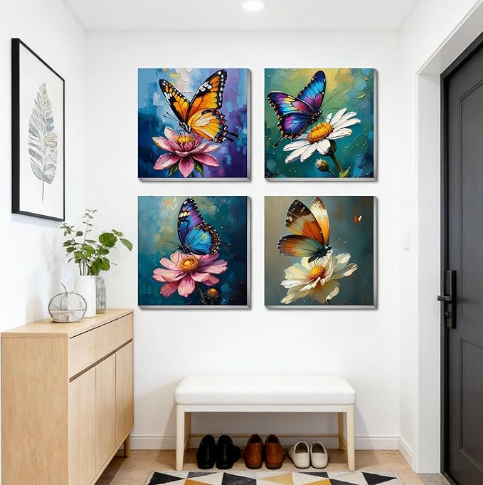 Canrichshop 4 Pack Butterfly Paint by Numbers for Beginner with Frame,Colorful Butterfly Adult Paint-by-Number Kits on Canvas, DIY Number Painting for Adults for Decor 8X 8 inch
