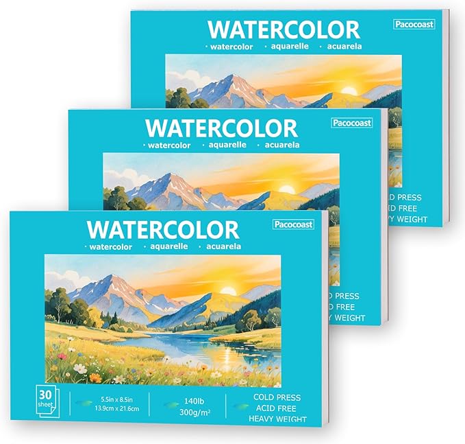 Pacocoast Water Color Paper Bulk, 5.5"x8.5" Art Sketch Book, Pack of 3 (90 Sheets), (140lb/300g) Artist Watercolor Drawing Paper for Adults, Watercolor Pad for Paint, Pencil, Pastel, Crayon