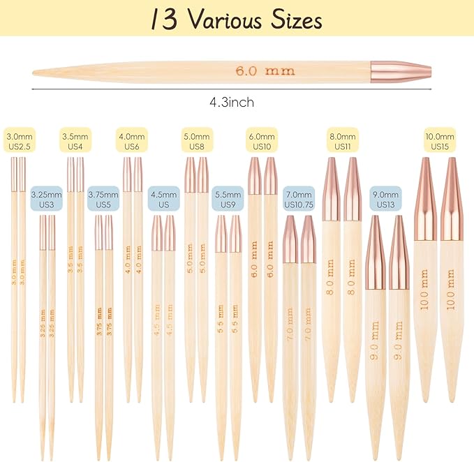 BsHooker Bamboo Circular Knitting Needles Set,13 Pairs Interchangeable Knitting Needles Kit with Storage Case,3mm-10mm Knitting Needles with Cables US 2.5-15